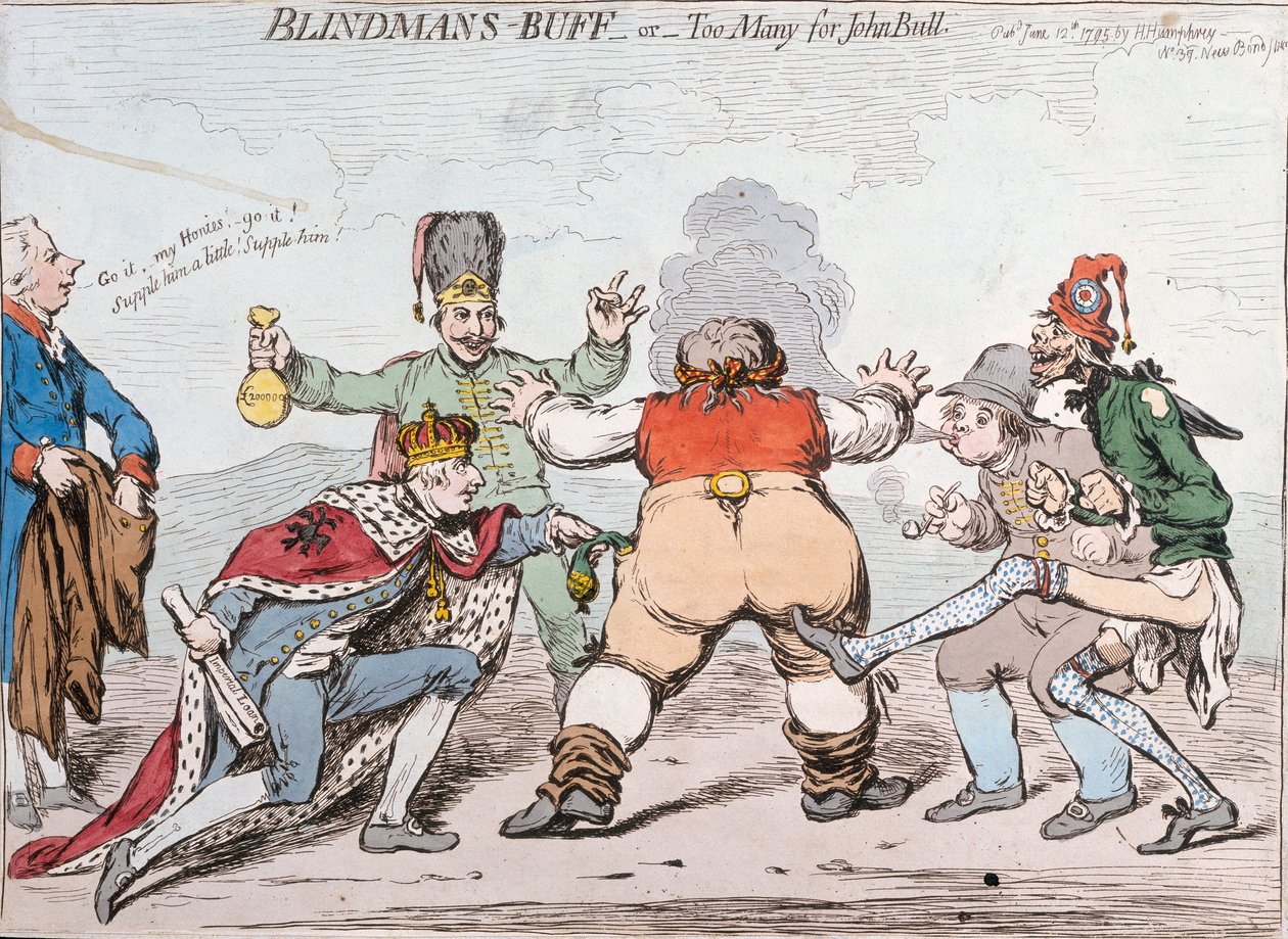La gallina ciega, o demasiados para John Bull, publicado por Hannah Humphrey en 1795 de James Gillray