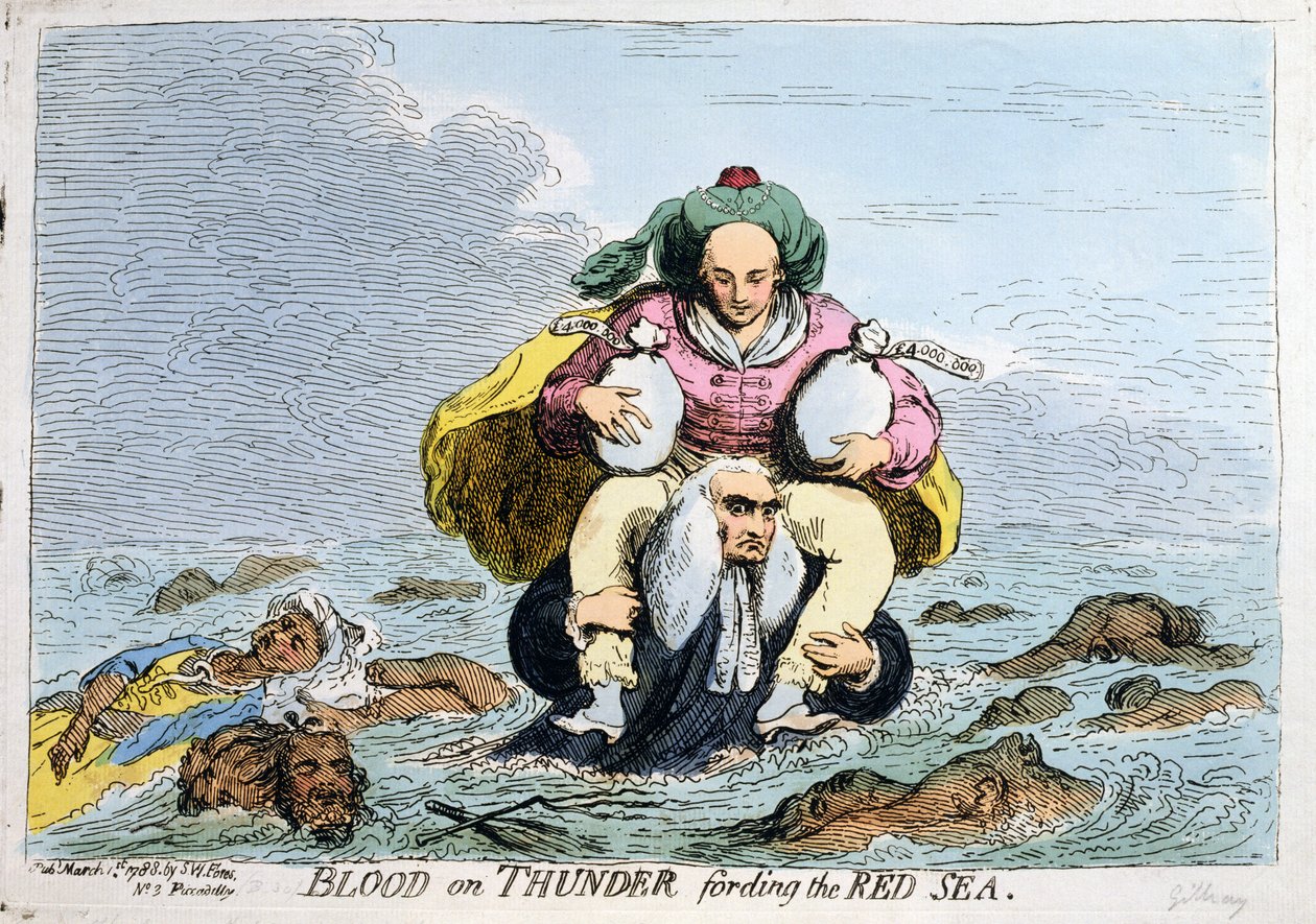 Blood on Thunder fording the Red Sea, publicado por S.W. Fores en 1788 (aguafuerte coloreado a mano) de James Gillray