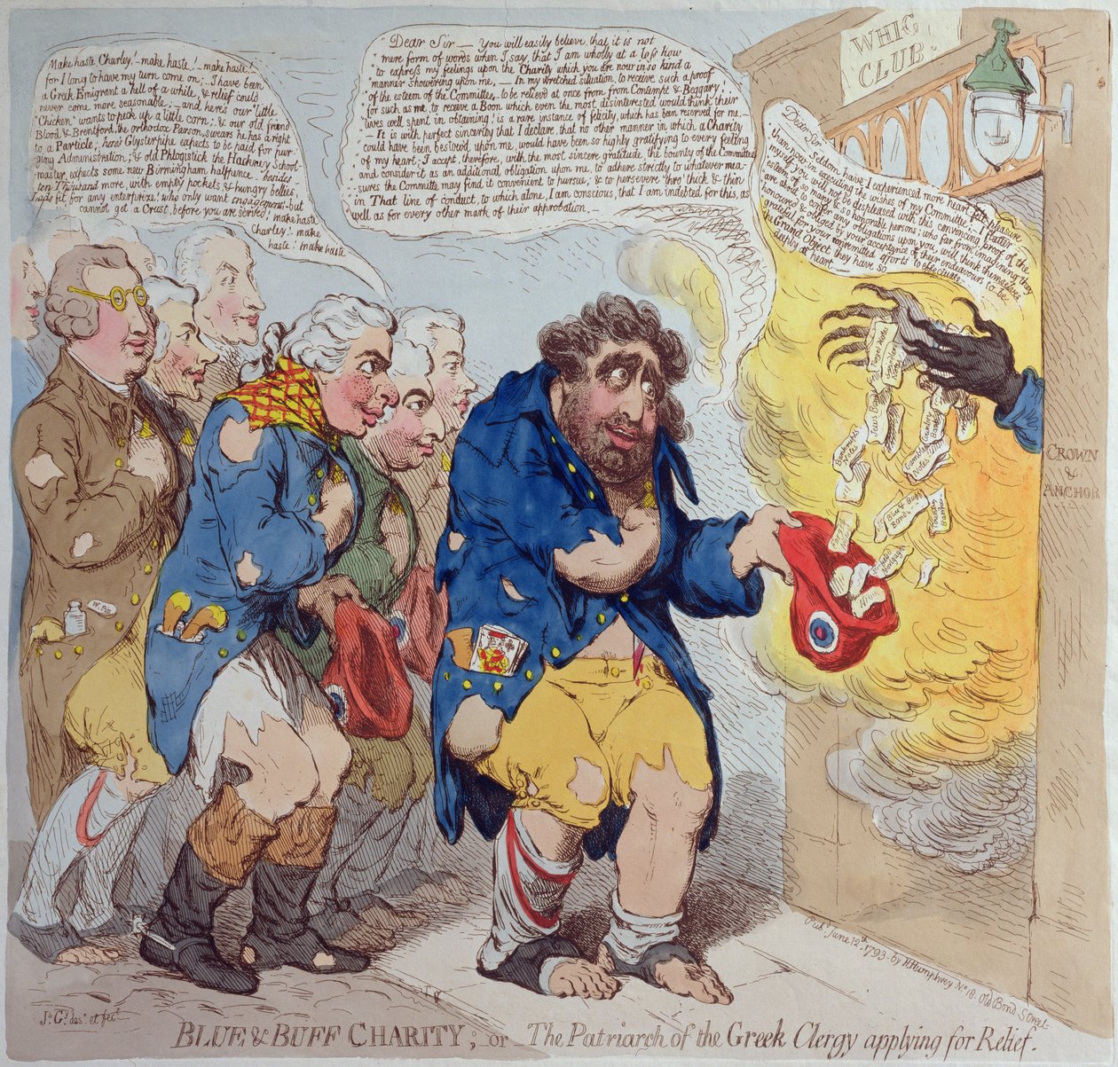 Caridad azul y buff, o El patriarca del clero griego solicitando alivio, publicado por Hannah Humphrey en 1793 de James Gillray