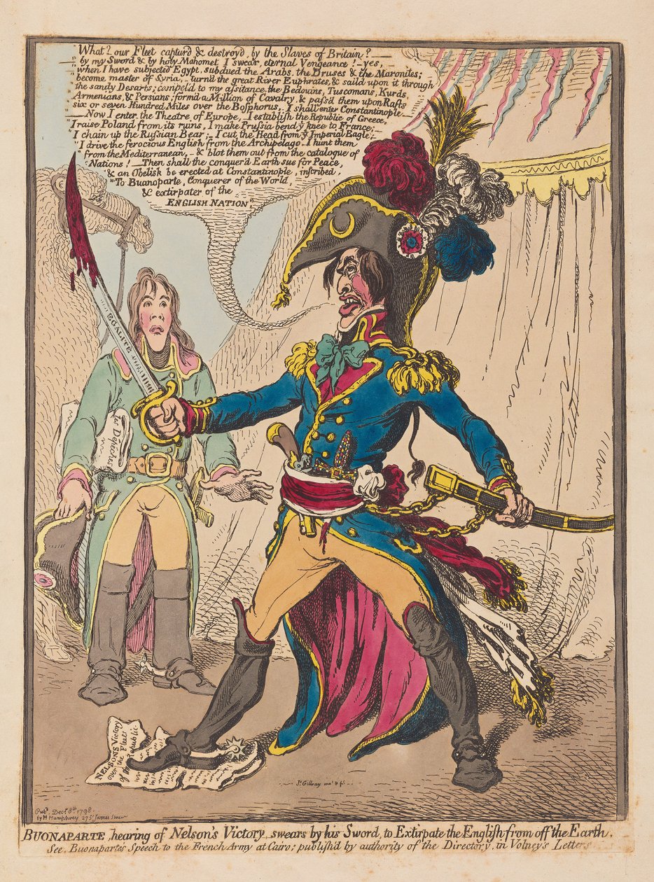 Bonaparte al escuchar la victoria de Nelson jura por su espada extirpar a los ingleses de la tierra, 1798 de James Gillray