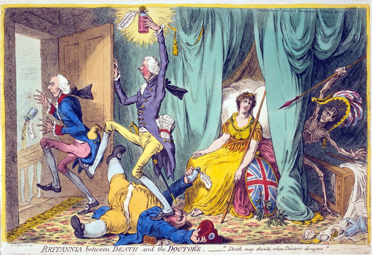 Britannia entre la Muerte y los Doctores de James Gillray