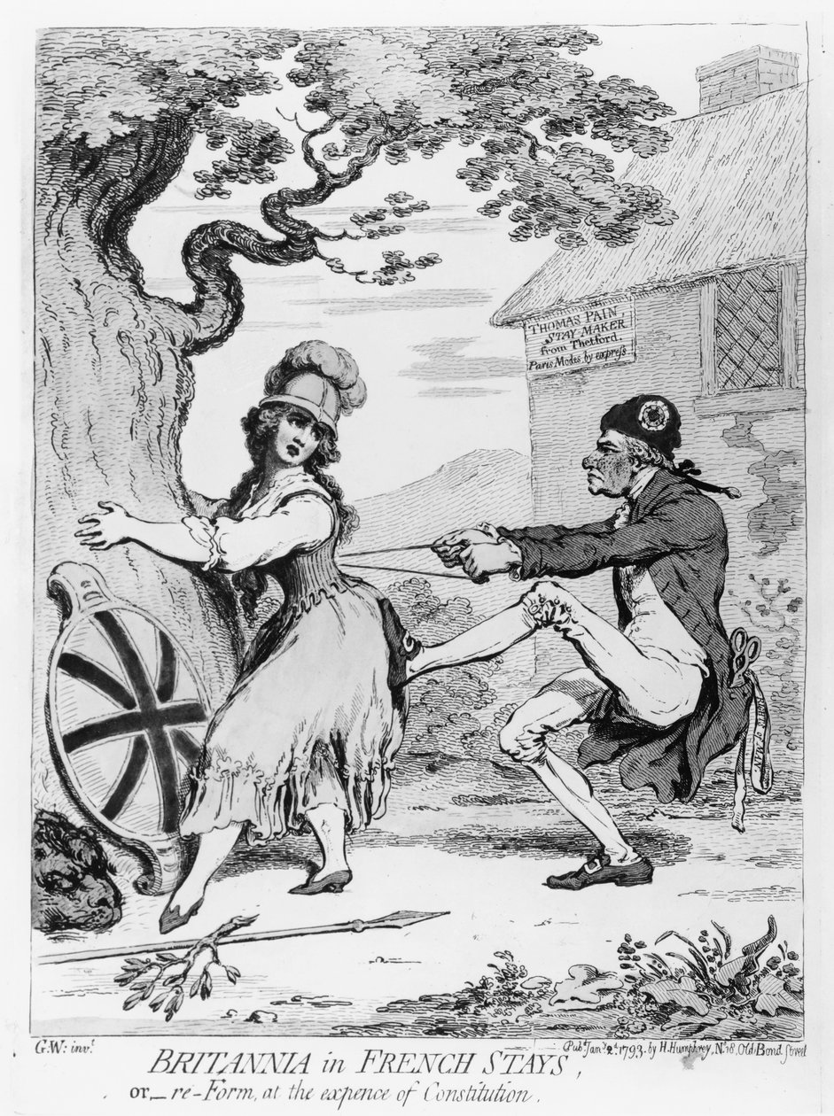 Britannia en corsés franceses, o Reforma a expensas de la Constitución, publicado por Hannah Humphrey en 1793 de James Gillray