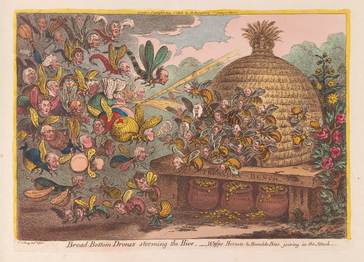 Zánganos de fondo ancho asaltando la colmena: avispas, avispones y abejorros uniéndose al ataque de James Gillray