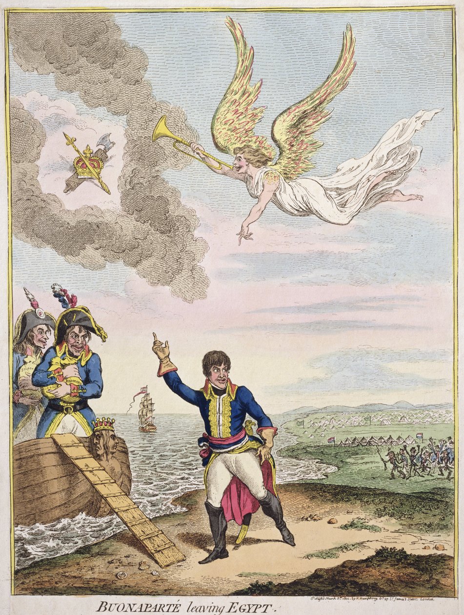 Buonaparte dejando Egipto, publicado por Hannah Humphrey en 1800 de James Gillray