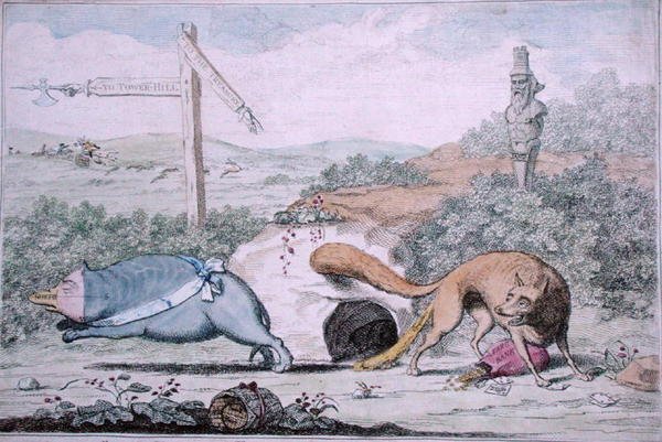 Cambiando lugares, o Fox apestando al tejón fuera de su nido, publicada por William Humphrey en 1782 de James Gillray