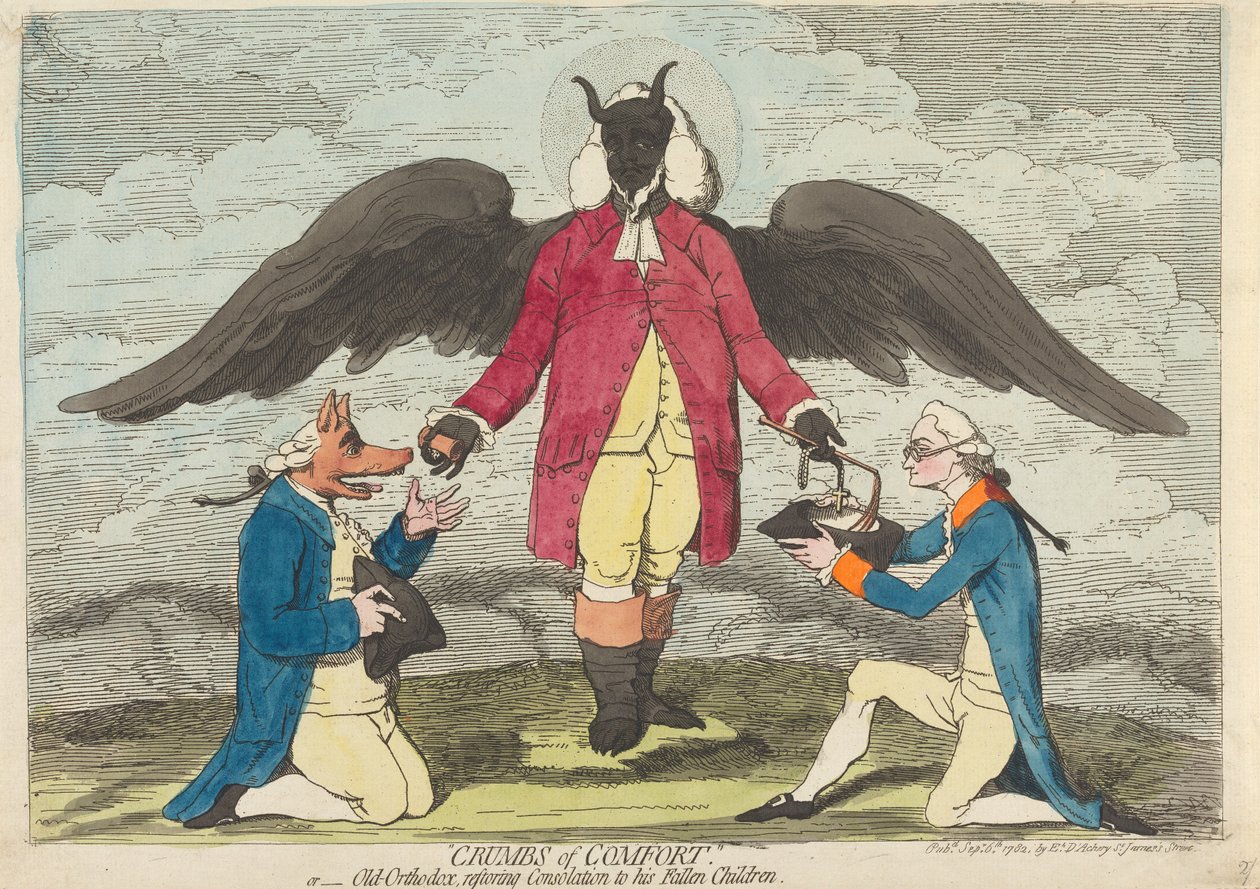 «Migas de consuelo», o «La antigua ortodoxia devuelve el consuelo a sus hijos caídos» de James Gillray