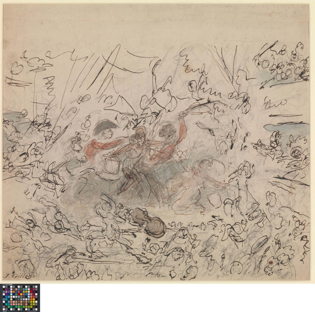 Holandés: El espectáculo del mundo: Las guerras napoleónicas (anverso).  Lista de temas "dignos del talento de los artistas británicos" (verso). de James Gillray