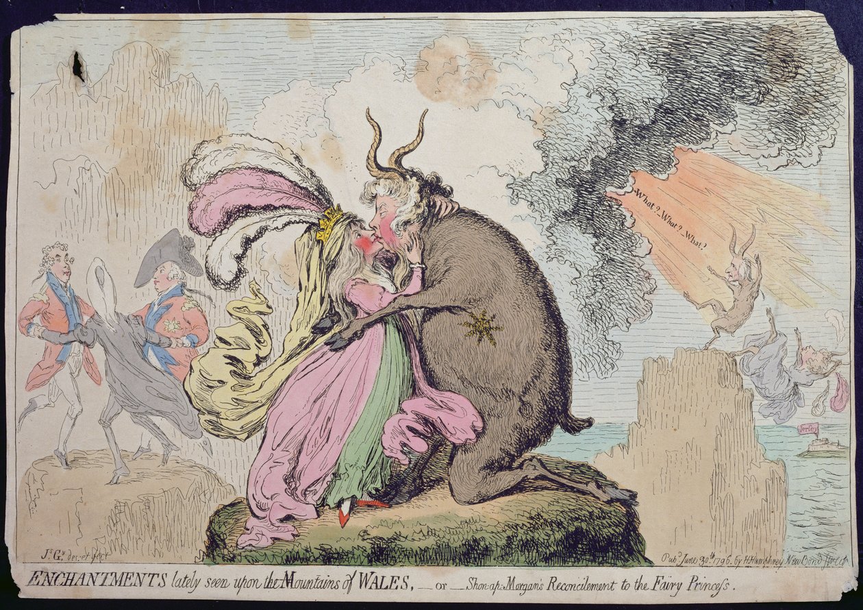 Encantamientos vistos recientemente en la Montaña de Gales, o la Reconciliación de Shon-ap-Morgan con la Princesa Hada, publicado por Hannah Humphrey en 1796 de James Gillray