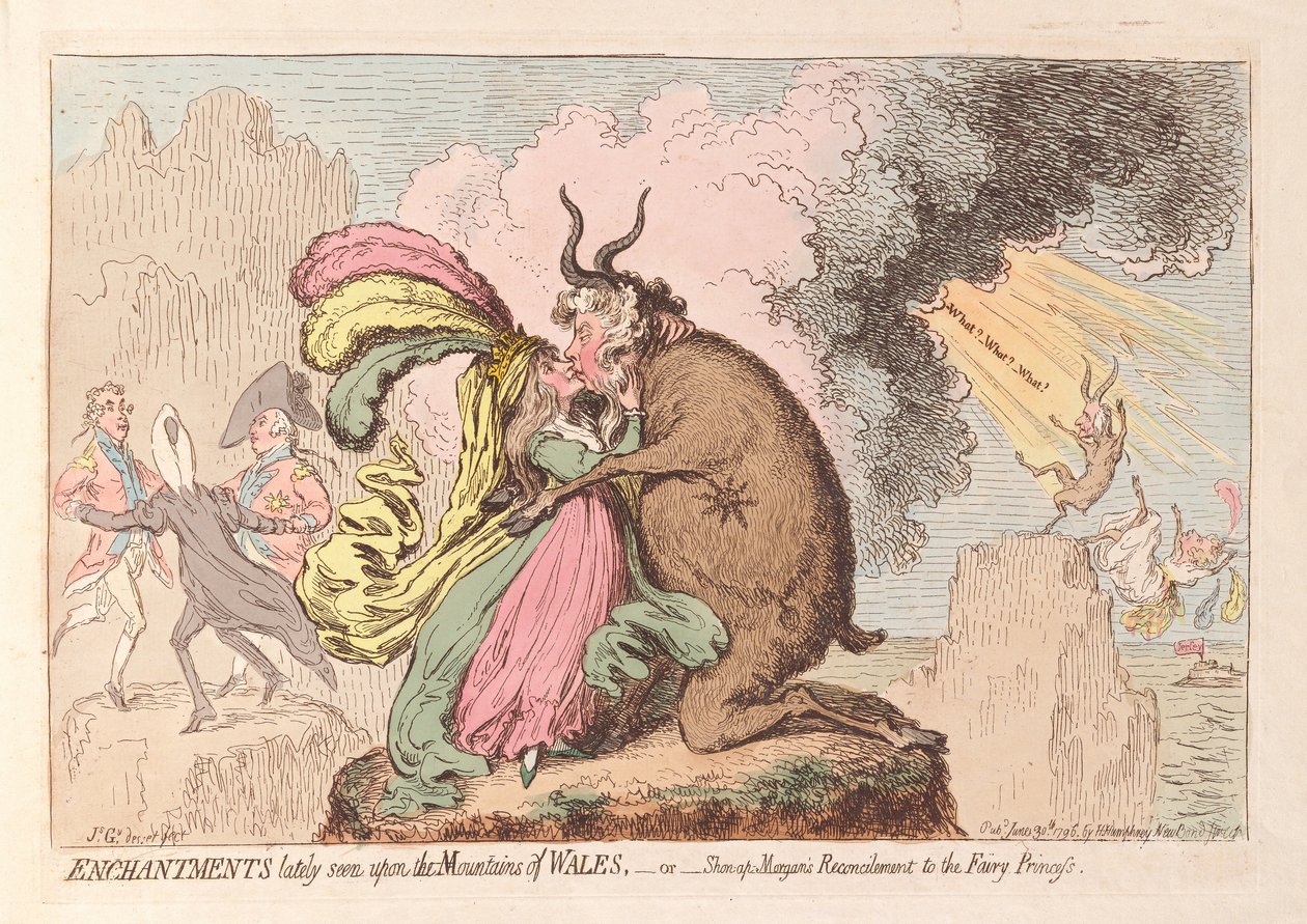 Encantamientos vistos recientemente en las montañas de Gales o la reconciliación de Shon-ap Morgan con la princesa hada, pub. 1796 de James Gillray