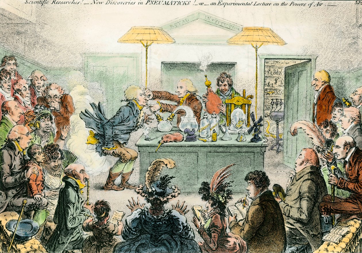 Sátira inglesa sobre la ciencia: nuevos descubrimientos en materiales neumáticos. Dibujo satírico sobre el entusiasmo por las conferencias científicas en el siglo XIX de James Gillray
