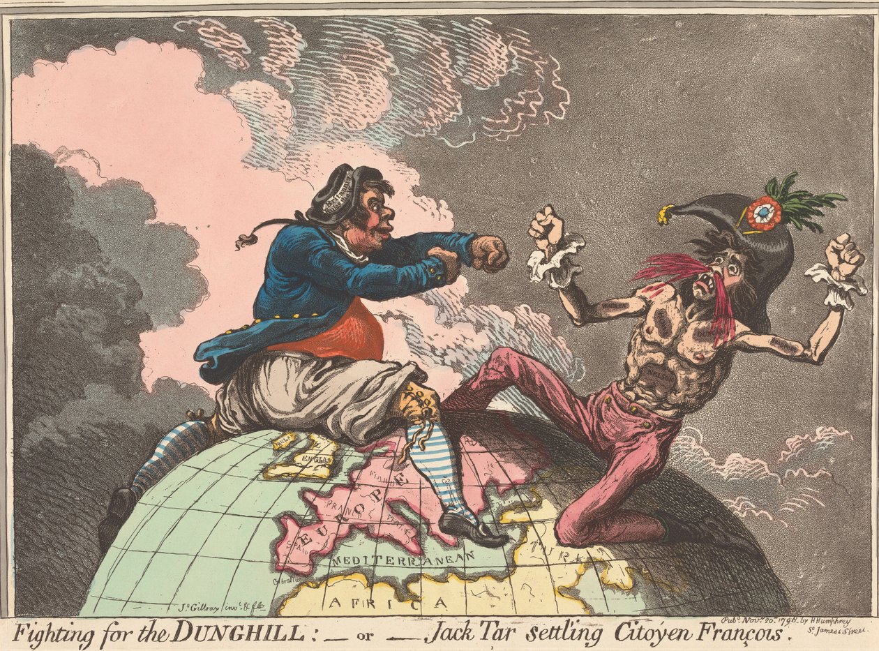La lucha por el Dunghill, - o - Jack Tar se convierte en ciudadano francés (de: Caricature, vol. 1) de James Gillray