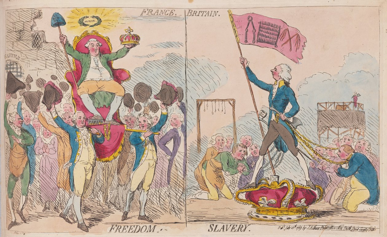 Francia Libertad, Gran Bretaña Esclavitud, pub. 1789 (grabado coloreado a mano) de James Gillray