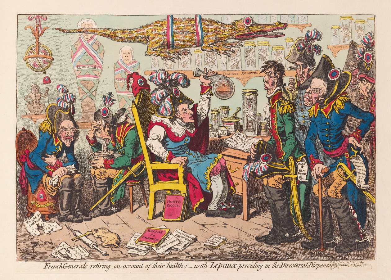 Generales franceses retirándose por motivos de salud: con Lepaux presidiendo en el dispensario directorial de James Gillray