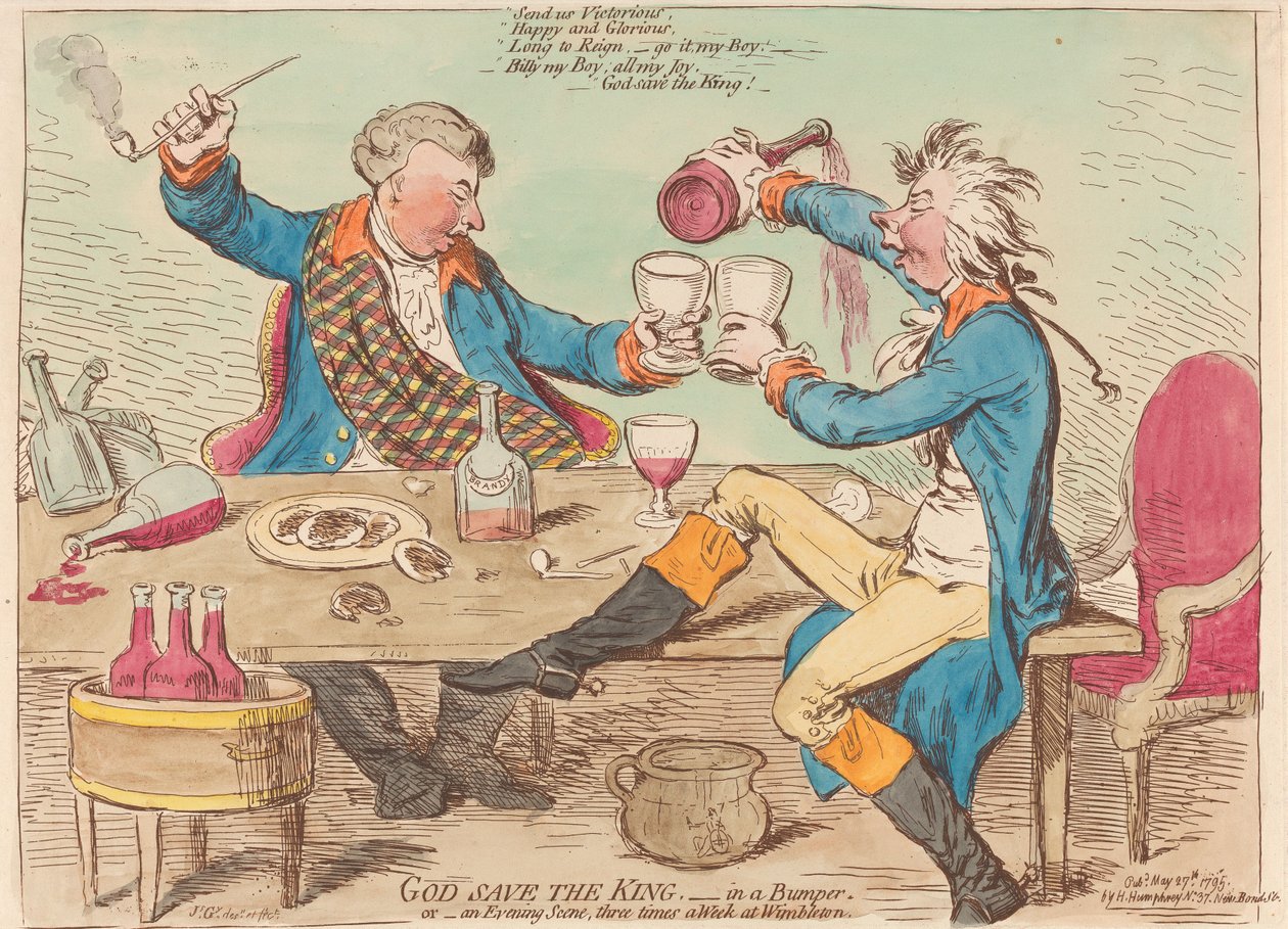 Dios salve al rey. —En un parachoques. O —Una escena nocturna tres veces por semana en Wimbledon de James Gillray