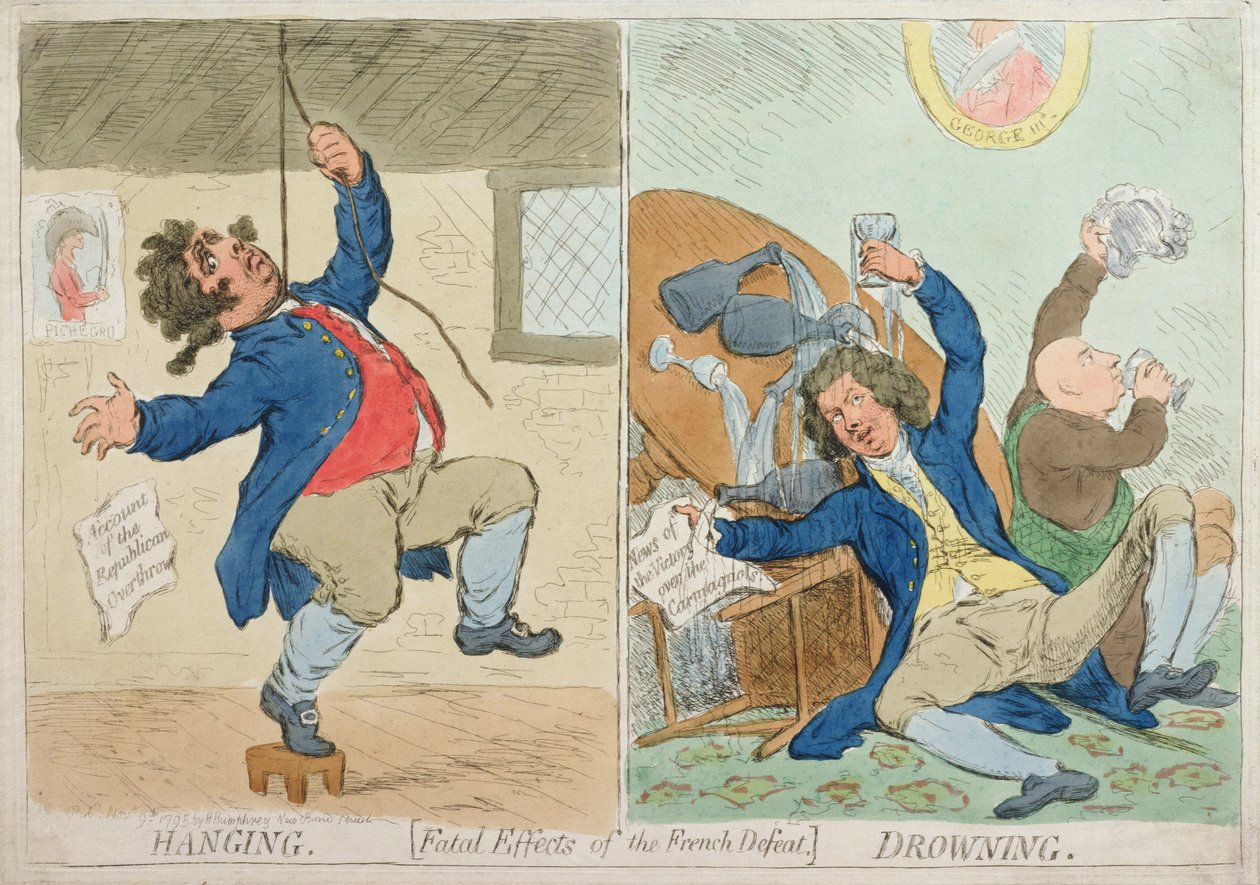 Ahorcamiento y ahogamiento, o efectos fatales de la derrota francesa, publicada por Hannah Humphrey en 1795 de James Gillray