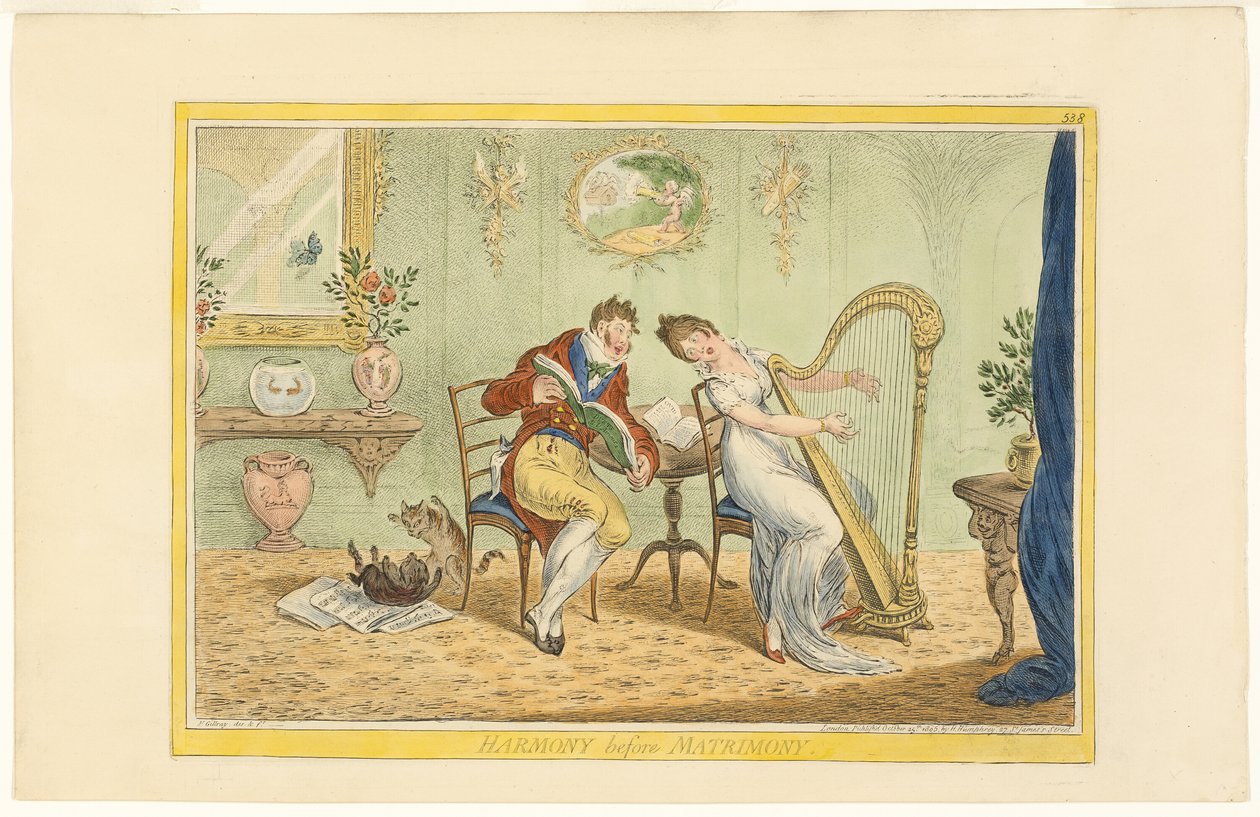 Armonía antes del matrimonio (recto); Despejando la puerta de las cinco barras (verso) de James Gillray