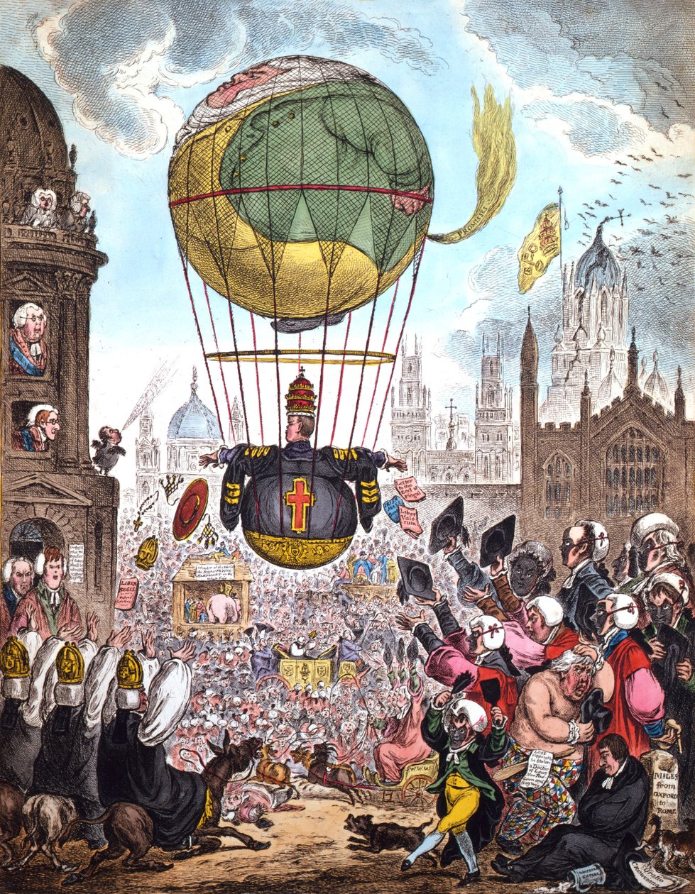Él dirige su vuelo hacia lo alto, incumbente en el aire oscuro que sentía un peso inusual., 1810 de James Gillray