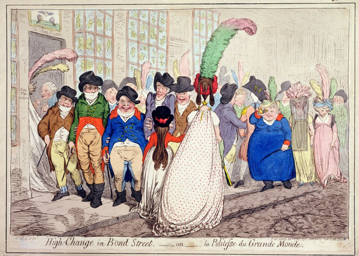 Cambio Alto en Bond Street, o La Politesse du Grande Monde, publicado por Hannah Humphrey en 1796 de James Gillray