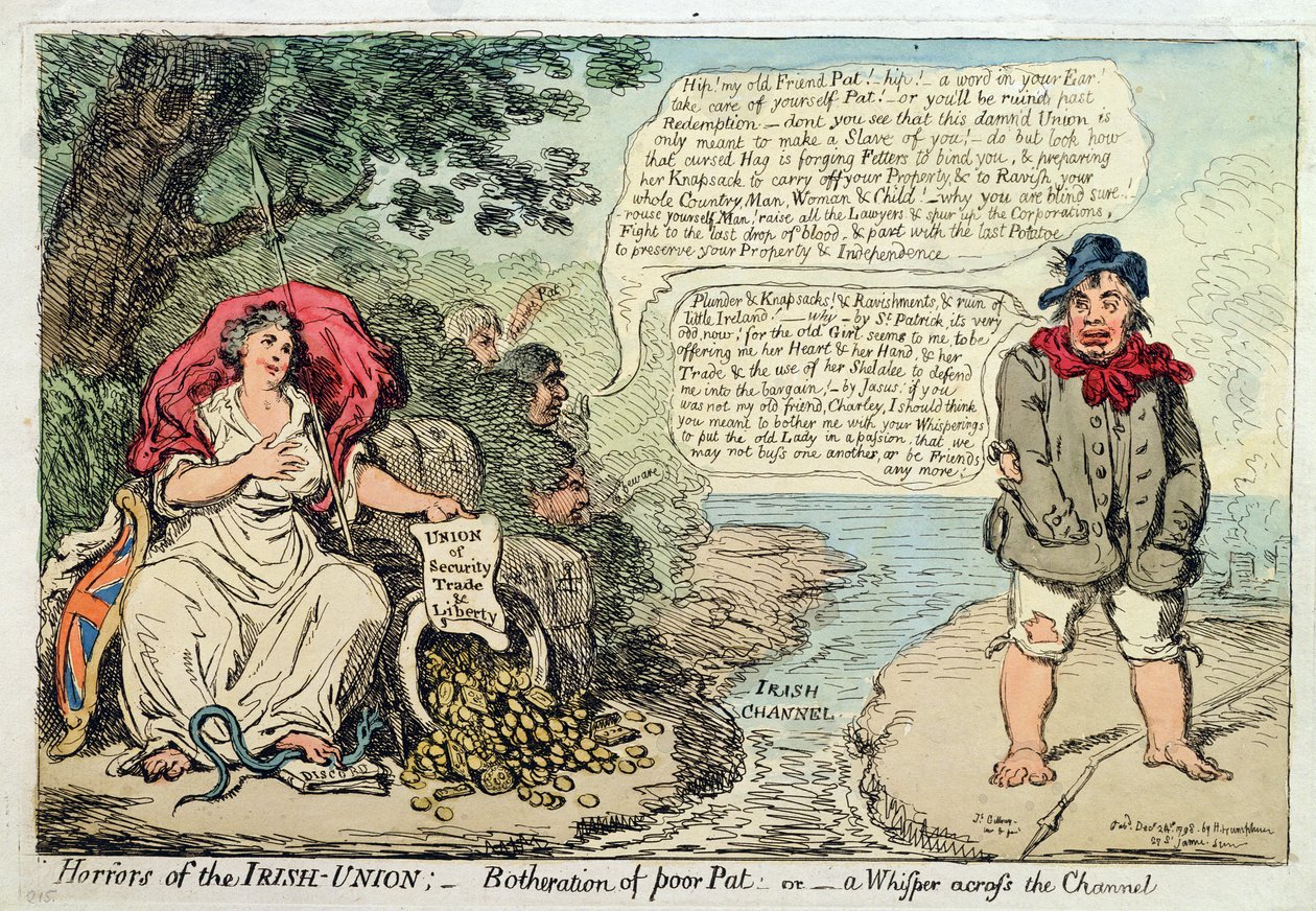 Horrores de la Unión Irlandesa: Molestia del Pobre Pat, o Un Susurro a través del Canal, publicado por Hannah Humphrey en 1798 de James Gillray