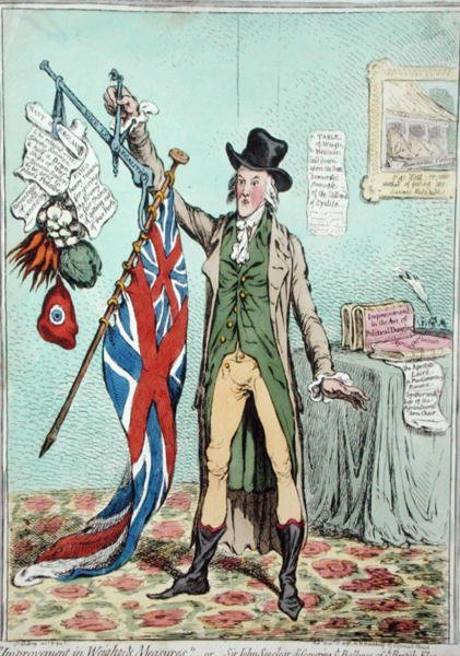Mejora en Pesos y Balanzas, o Sir John Seeclear descubriendo el Equilibrio de la Bandera Británica, publicado por Hannah Humphrey en 1798 de James Gillray