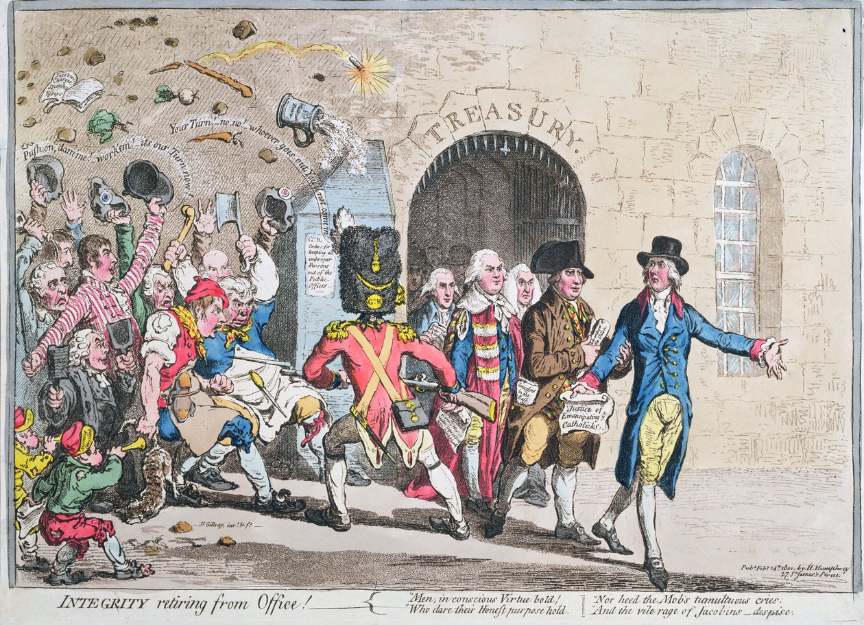 Integridad retirándose del cargo, publicado por Hannah Humphrey en 1801 de James Gillray