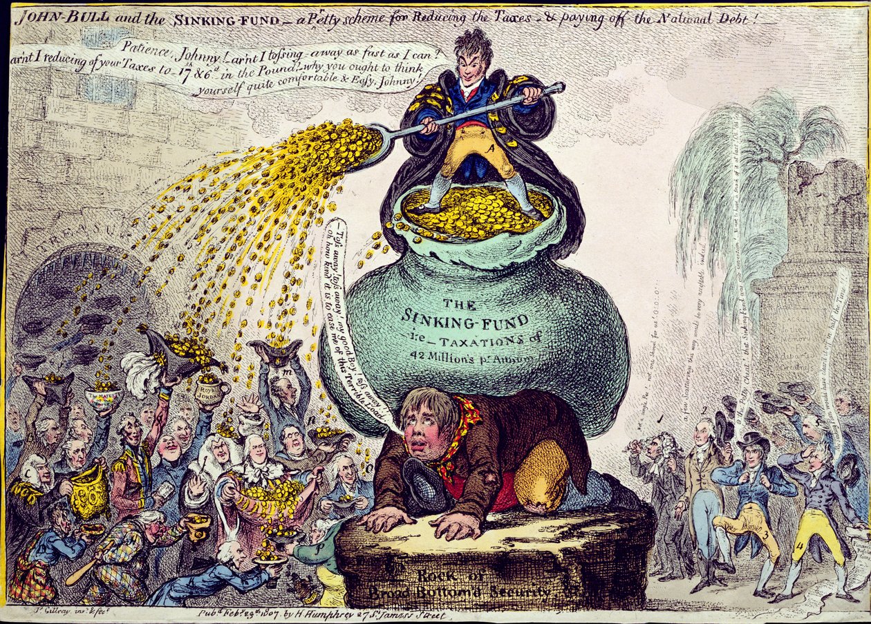 John Bull y el Fondo de Amortización o Un Bonito Esquema para Reducir Impuestos y Pagar la Deuda Nacional, publicado por Hannah Humphrey en 1807 de James Gillray