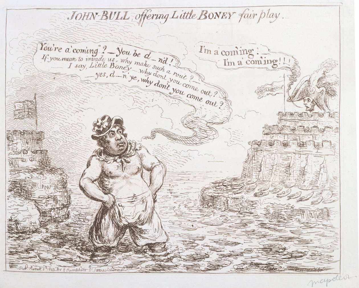 John Bull ofreciendo juego limpio a Little Boney, publicado por Hannah Humphrey en 1803 de James Gillray