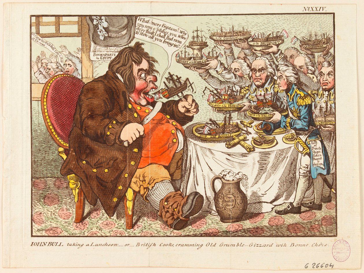 John Bull almorzando: o los cocineros británicos, atiborrando al viejo gruñón con «bonne chère» de James Gillray