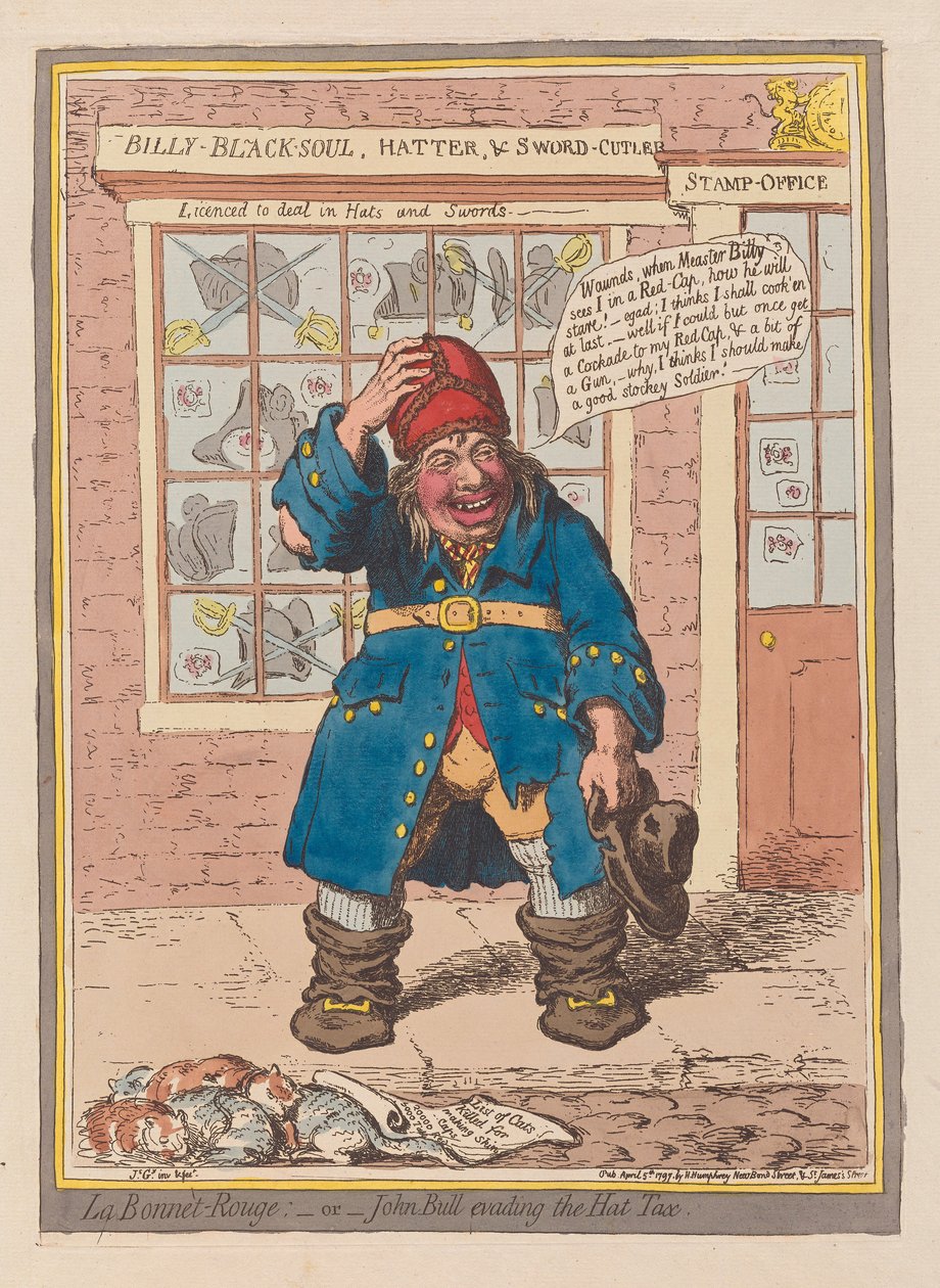 La Bonnet Rouge o John Bull evadiendo el impuesto del sombrero, pub. 1797 (grabado coloreado a mano) de James Gillray