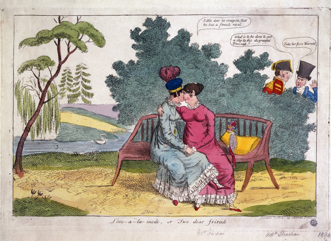 Lady Strachan y Lady Warwick hacen el amor en un parque, mientras sus maridos miran con desaprobación. de James Gillray