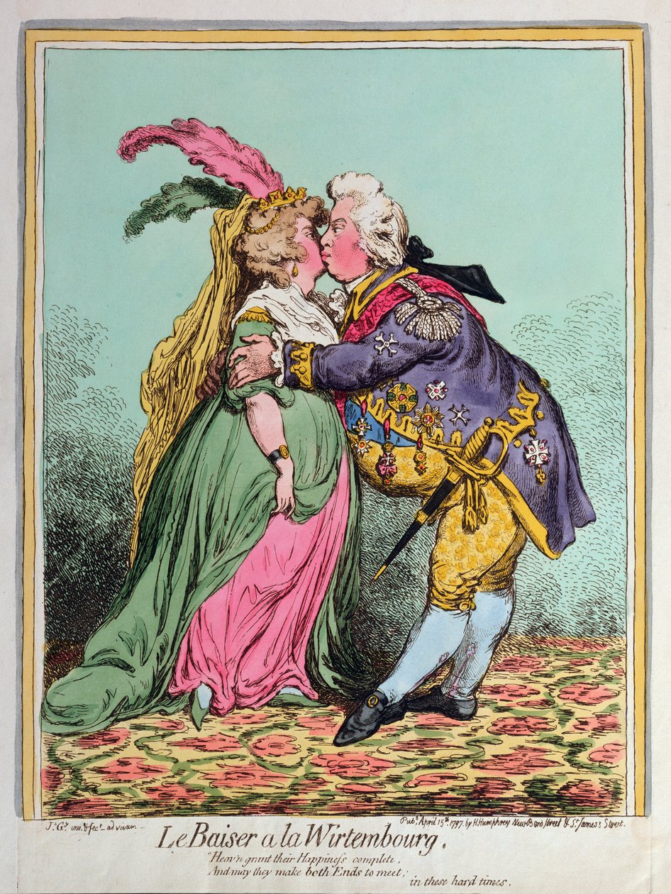 El beso a la Wirtembourg, publicado por Hannah Humphrey en 1797 de James Gillray