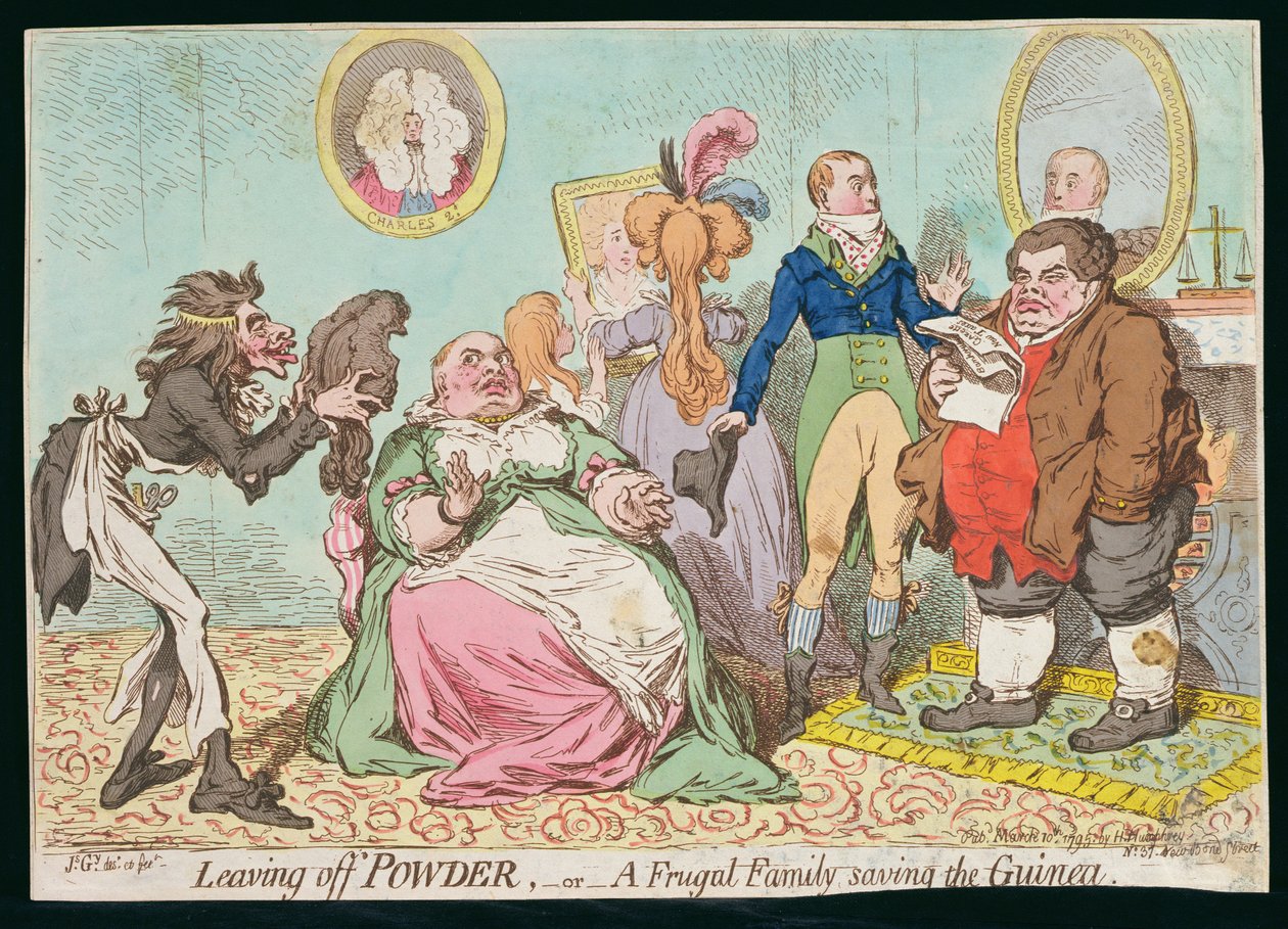 Dejando de Usar Polvo, o Una Familia Frugal ahorrando la Guinea, publicado por Hannah Humphrey en 1795 de James Gillray