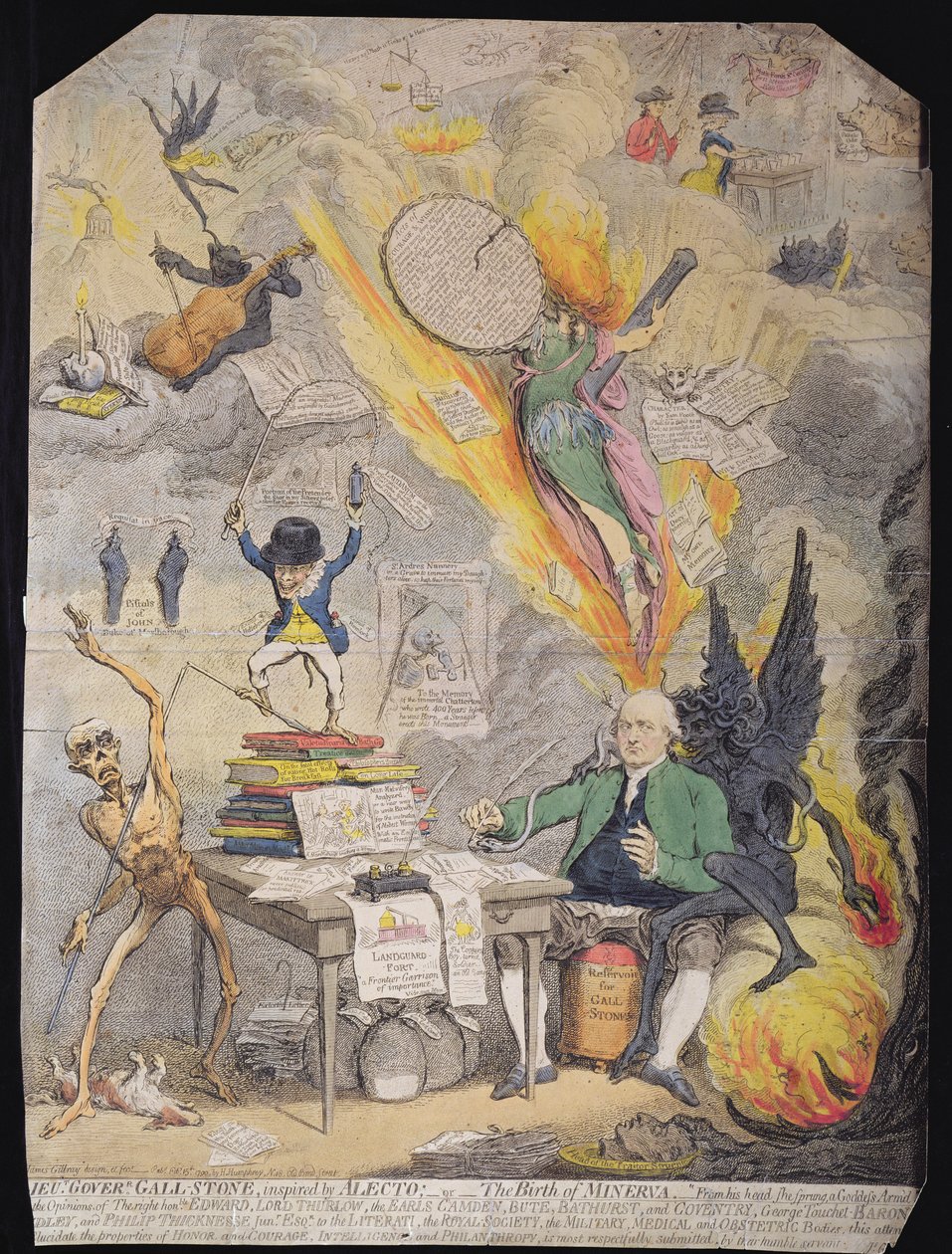 Lieut Goverr Gall-Stone, inspirado en Alecto, or The Birth of Minerva, publicado por Hannah Humphrey en 1790 (aguafuerte con aguatinta) de James Gillray