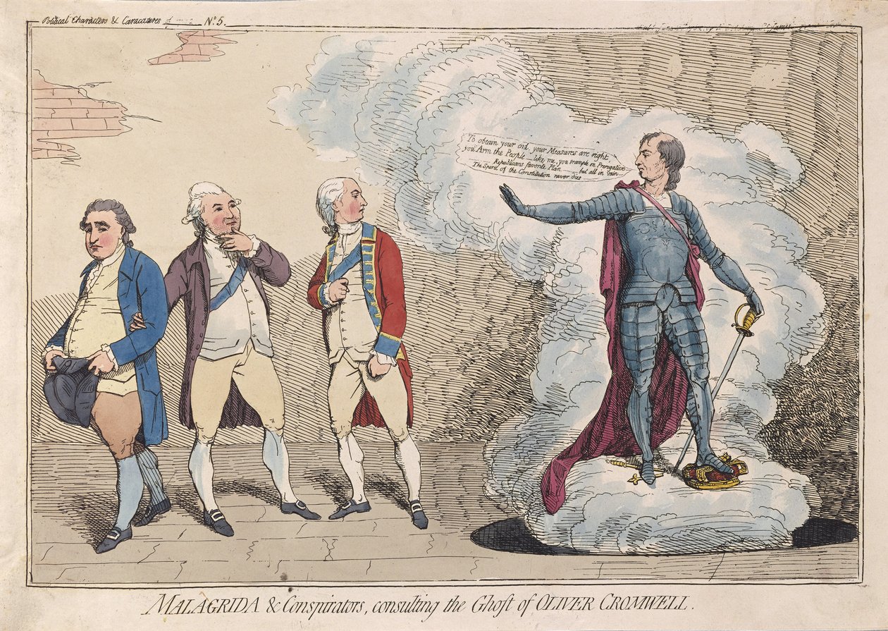 Malagrida y conspiradores, consultando el fantasma de Oliver Cromwell, pub. 1782 de James Gillray