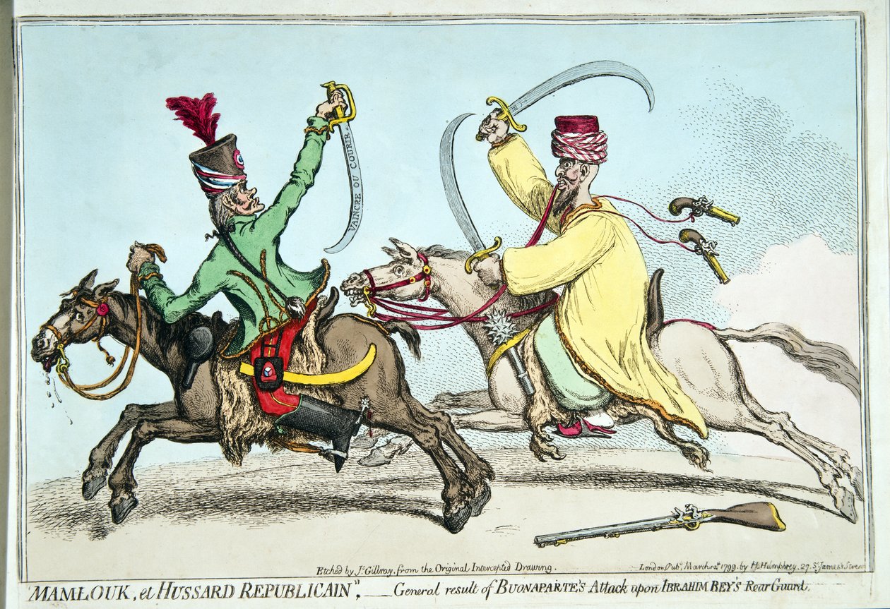 Mamlouk y Hussard Republicano, o Resultado General del Ataque de Bonaparte sobre la Retaguardia de Ibrahim Bey, publicado por Hannah Humphrey en 1799 de James Gillray