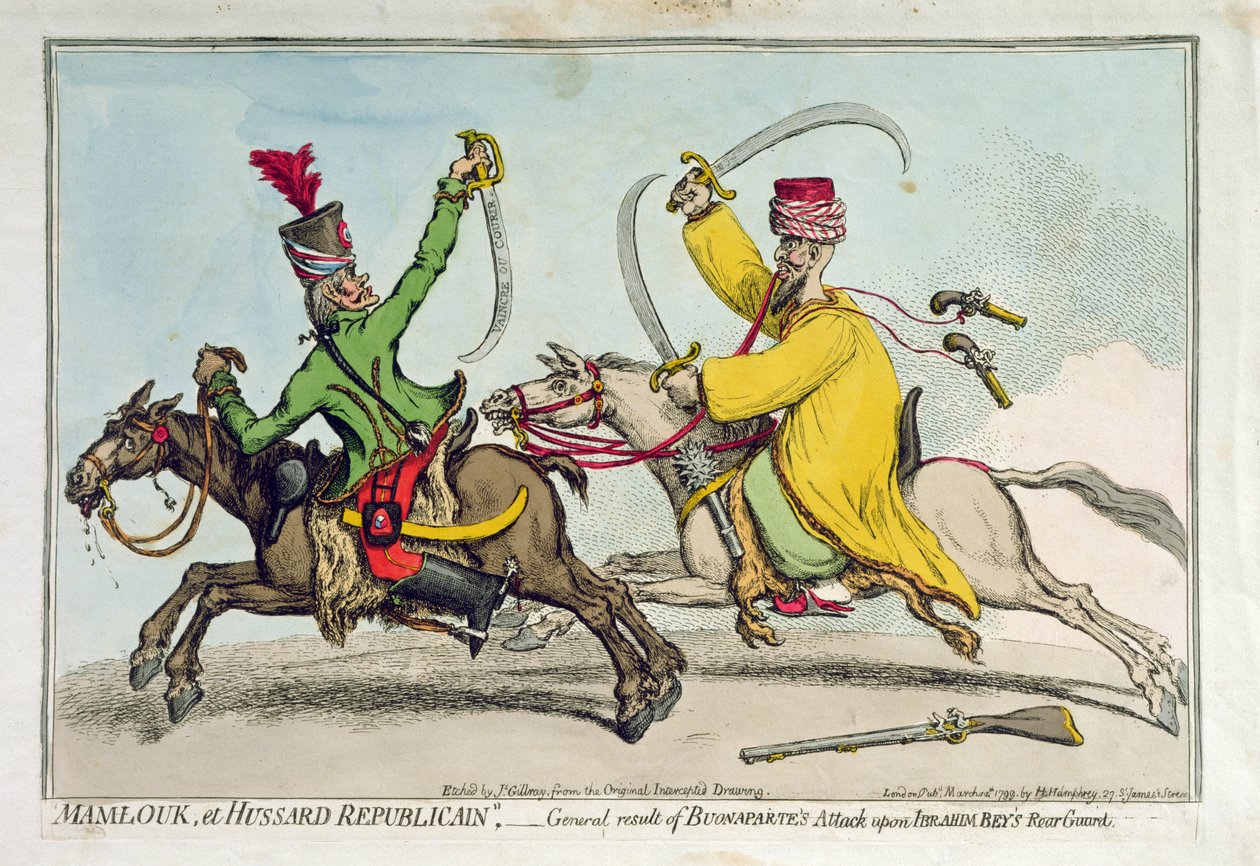 Mamlouk y Hussard Republicano, o resultado general del ataque de Bonaparte a la retaguardia de Ibrahim Bey, publicado por Hannah Humphrey en 1799 de James Gillray