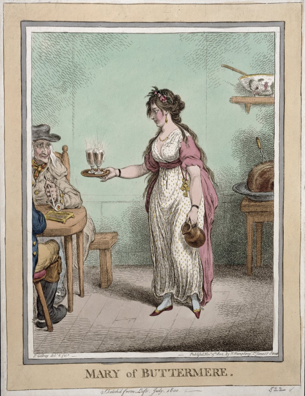Mary de Buttermere, esbozada del natural en julio de 1800, publicada por Hannah Humphrey en 1802 de James Gillray