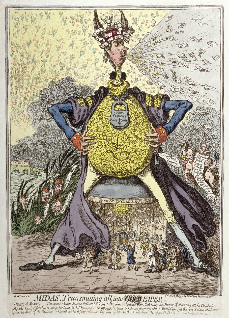 Midas transformando todo en oro, publicado por Hannah Humphrey en 1797 (aguafuerte coloreado a mano) de James Gillray
