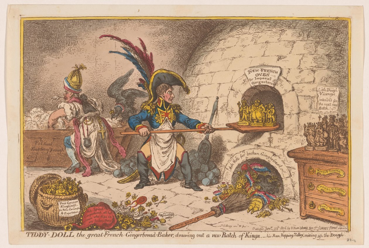 Napoleón hornea una nueva porción de reyes, 1806 Tiddy-Doll, el gran panadero francés de pan de jengibre; dibujando un nuevo lote de reyes (título en el objeto) de James Gillray
