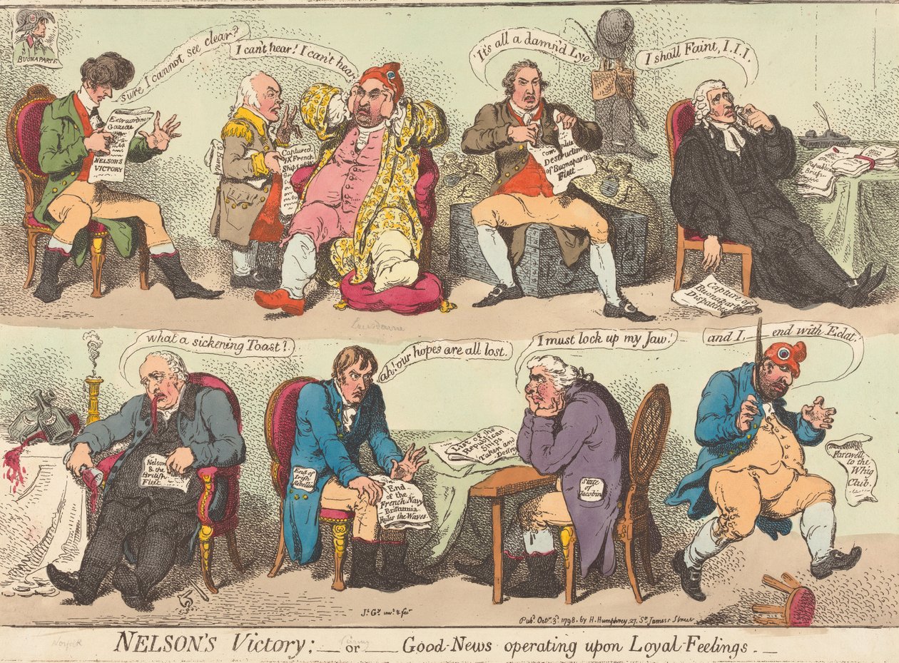 La victoria de Nelson: —o— Buenas noticias que despiertan sentimientos de lealtad de James Gillray