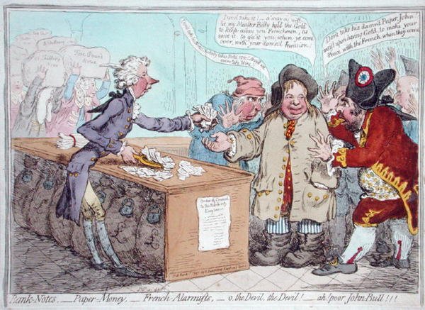 Apertura del Presupuesto, o John Bull entregando sus pantalones para salvar su Tocino, publicado por Hannah Humphrey en 1796 de James Gillray