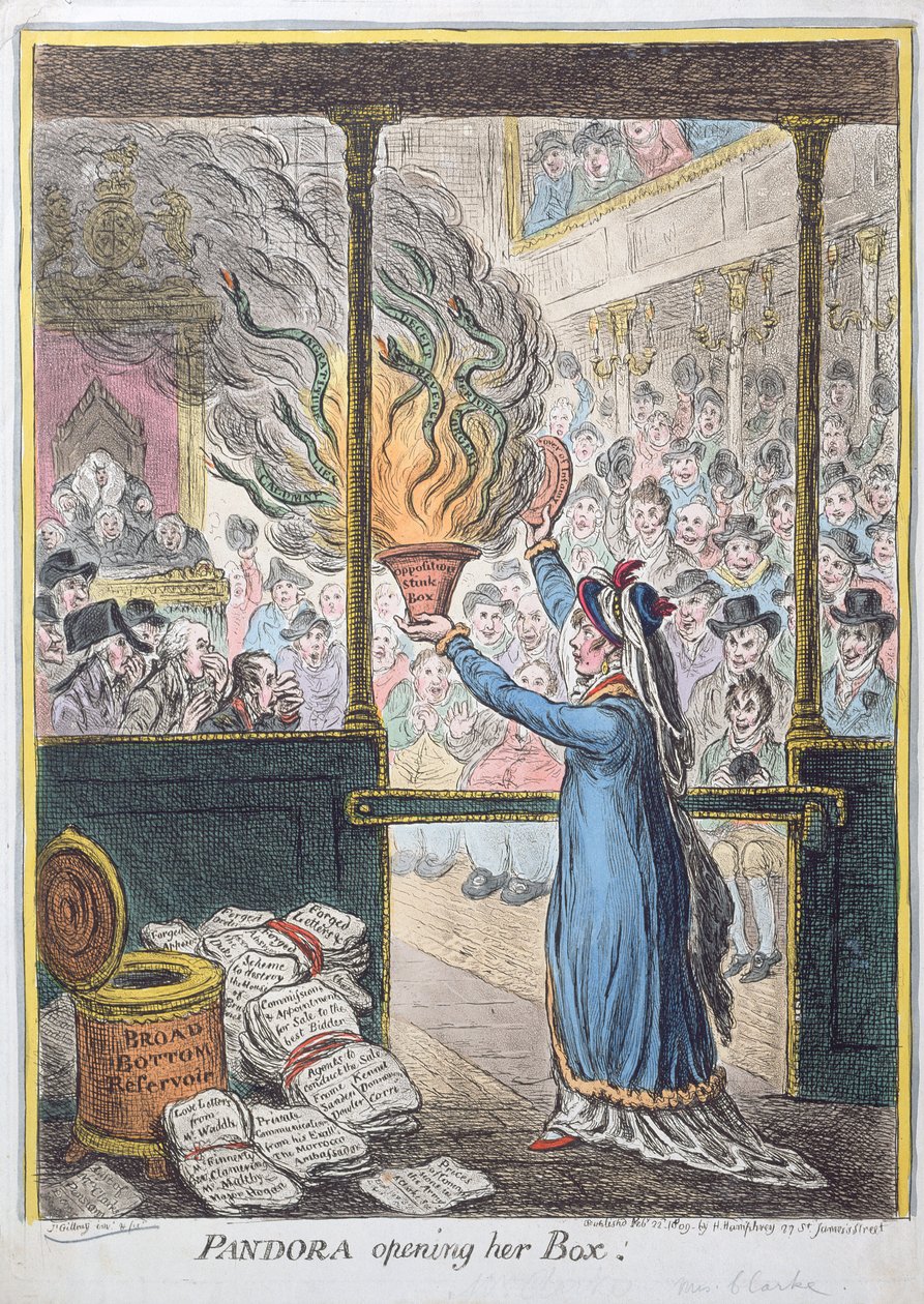 Pandora abriendo su caja, publicado por Hannah Humphrey, 1809 de James Gillray