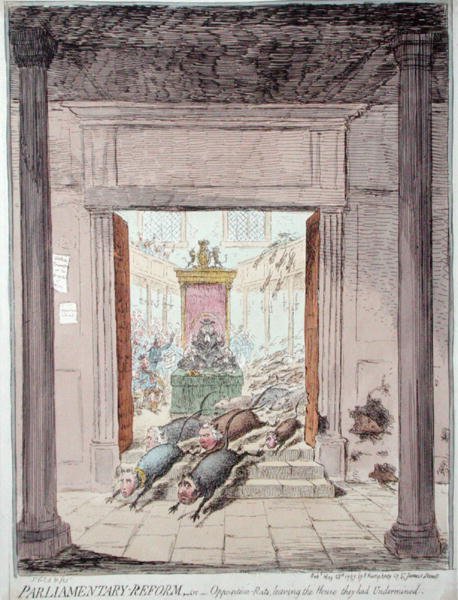 Reforma parlamentaria, o ratas de la oposición abandonando la casa que habían socavado de James Gillray