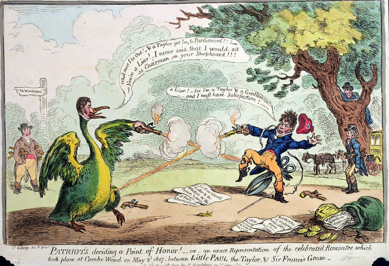 Patriotas decidiendo un punto de honor! o Una representación exacta del encuentro que tuvo lugar en Coombe Wood el 2 de mayo de 1807 entre Little Paul el sastre y Sir Francis Goose, publicado por Hannah de James Gillray