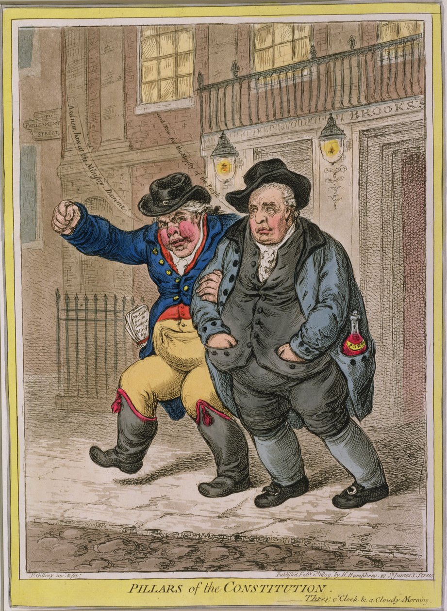 Pilares de la Constitución: Las tres en punto y una mañana nublada, publicado por Hannah Humphrey en 1809 de James Gillray