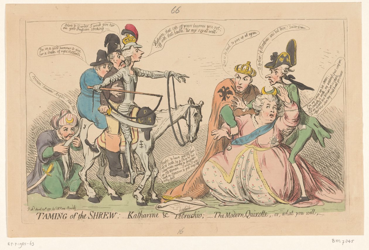Pitt como Don Quijote asusta a Catalina la Grande, 1791 Doma de la musaraña: - Katharine y Petruchio: - el Quijote moderno, o lo que quieras (título sobre el objeto) de James Gillray