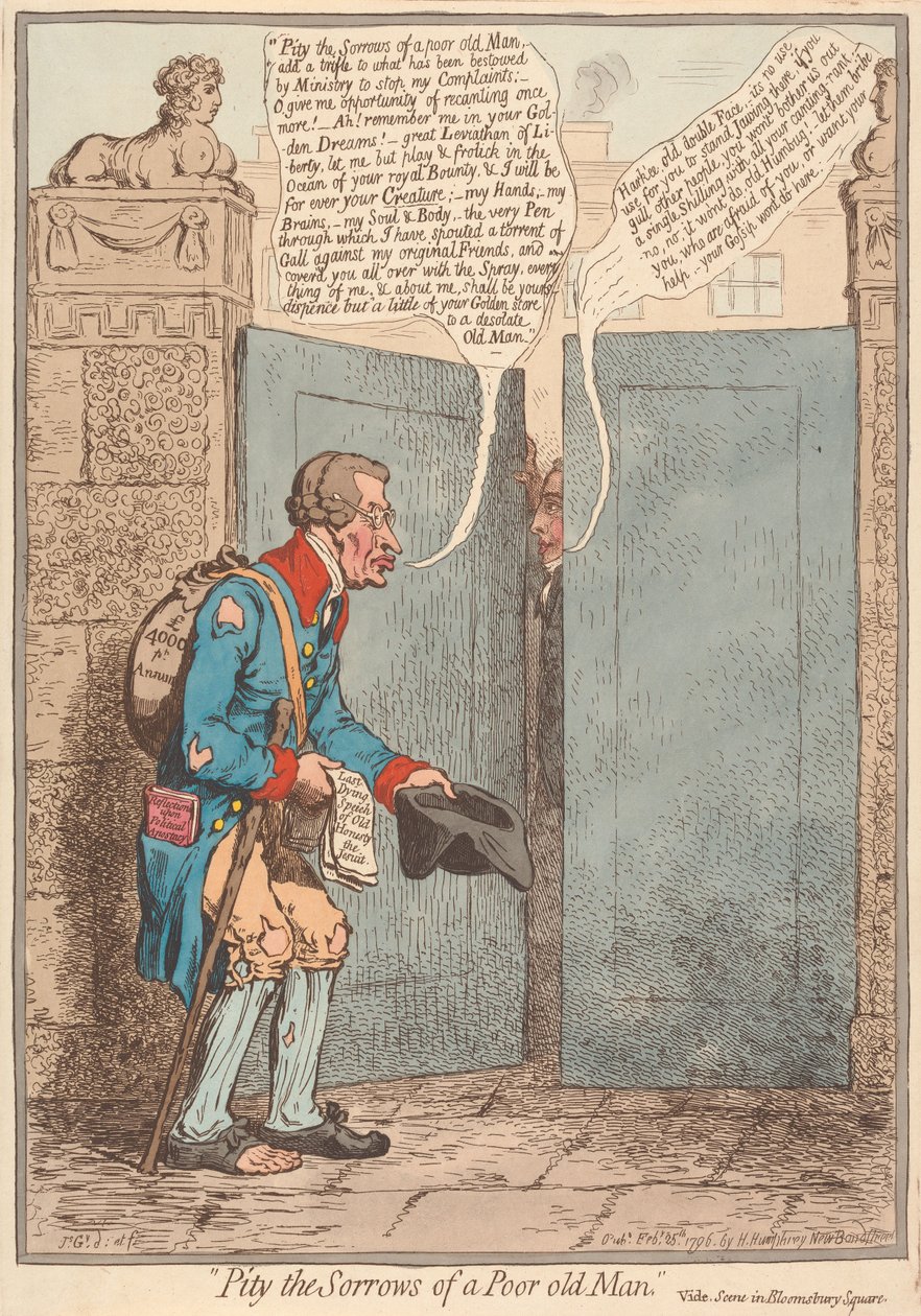 Compadeceos de las penas de un pobre anciano; véase la escena en Bloomsbury Square de James Gillray