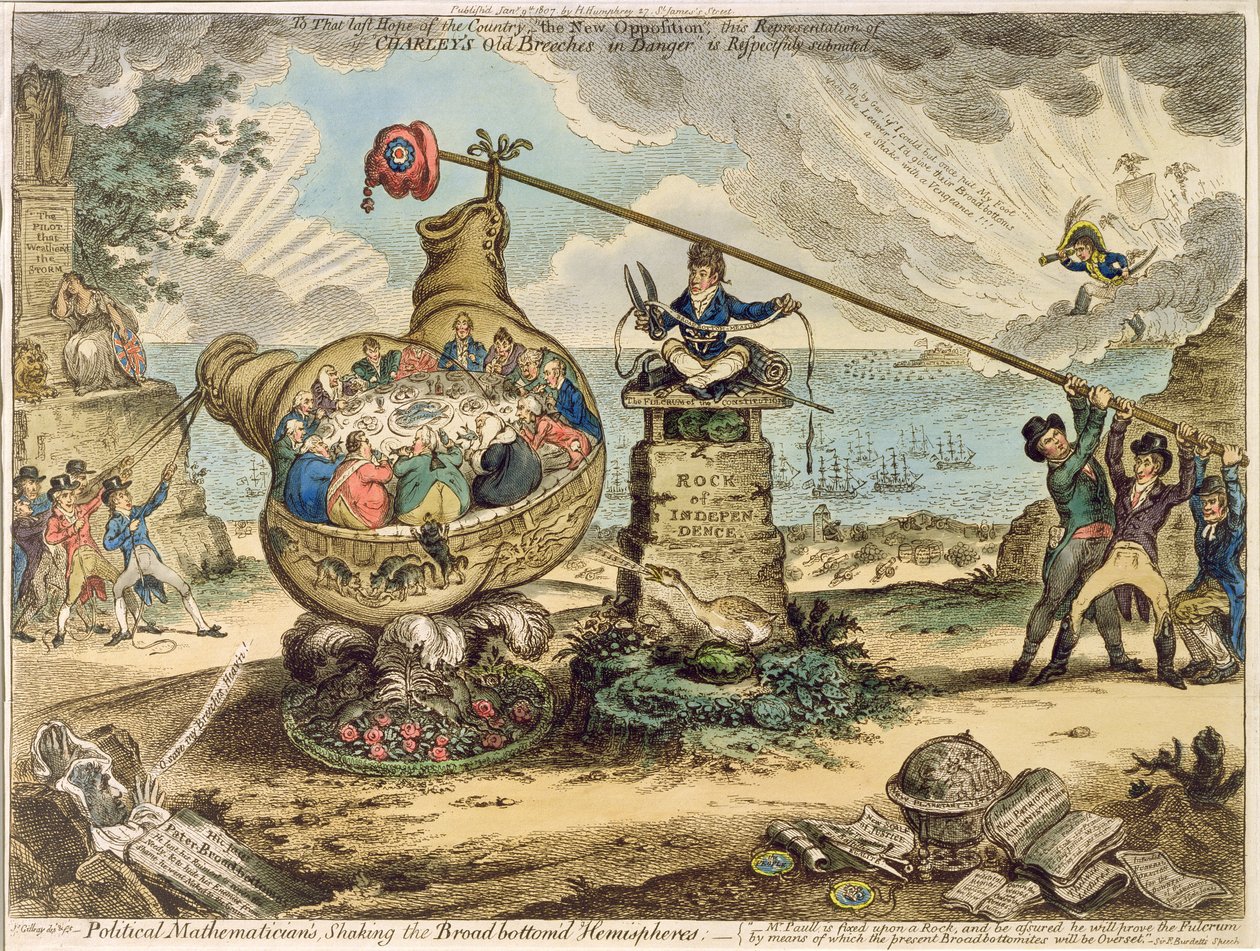 Matemáticos políticos sacudiendo el hemisferio de Broadbottom, publicado por Hannah Humphrey en 1807 de James Gillray