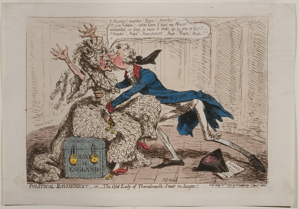 Ravishment político, o La vieja dama de Threadneedle Street en peligro!, publicado por Hannah Humphrey, 1797 de James Gillray
