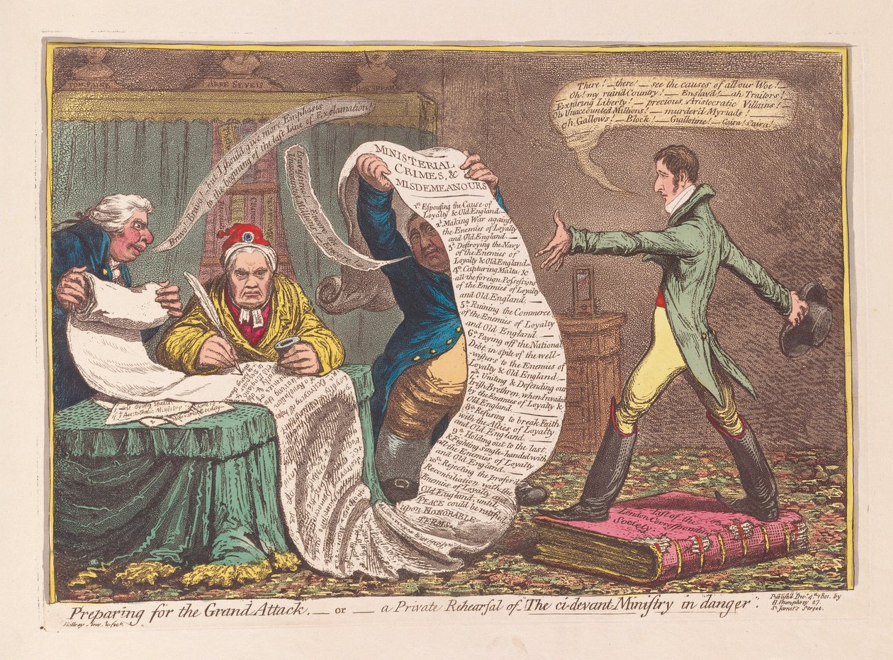 Preparando el Gran Ataque, o un Ensayo Privado del Ministerio ci-devant en Peligro, pub. 1801 (grabado coloreado a mano) de James Gillray